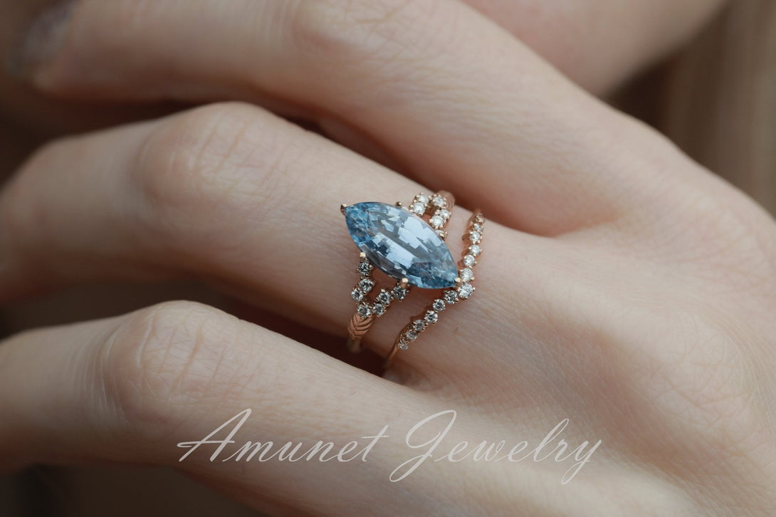 Sapphire ring, blue Ceylon sapphire ring,marquise sapphire engagement ring,vintage ring. - Amunet Jewelry