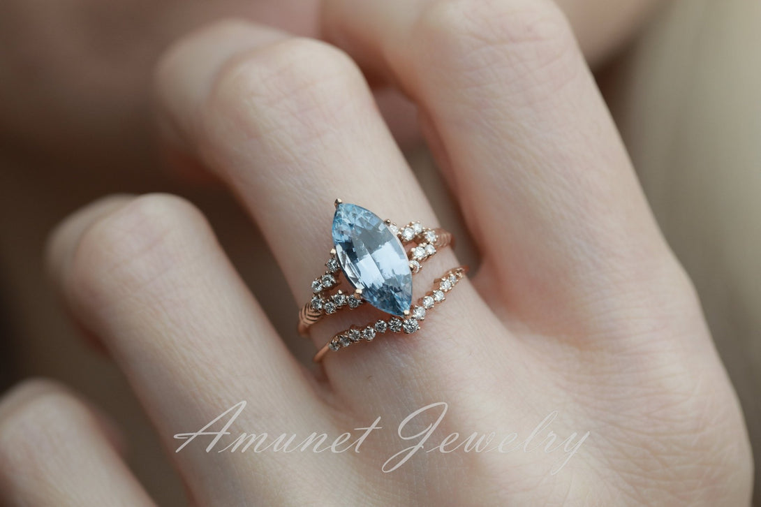 Sapphire ring, blue Ceylon sapphire ring,marquise sapphire engagement ring,vintage ring. - Amunet Jewelry