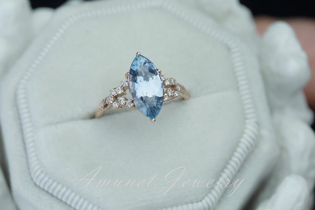 Sapphire ring, blue Ceylon sapphire ring,marquise sapphire engagement ring,vintage ring. - Amunet Jewelry