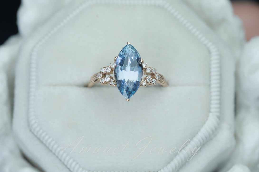 Sapphire ring, blue Ceylon sapphire ring,marquise sapphire engagement ring,vintage ring. - Amunet Jewelry