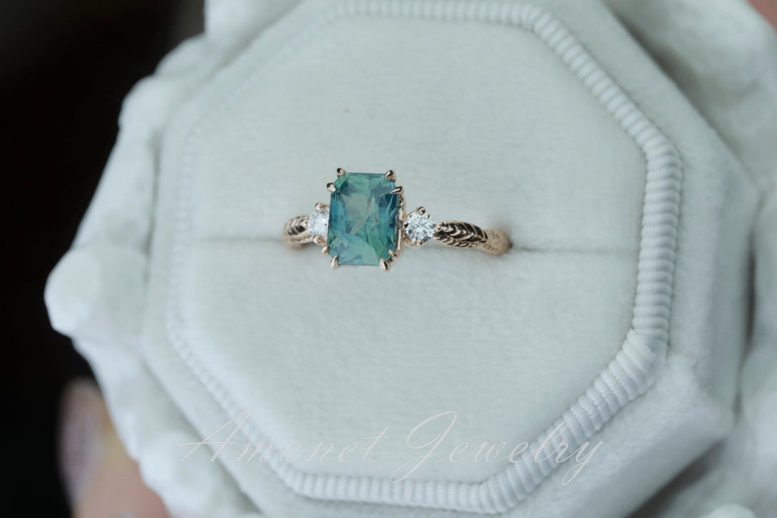 Teal Sapphire ring,blue green sapphire engagement ring, mermaid sapphire ring, unique ring, Madagascar sapphire ring. - Amunet Jewelry