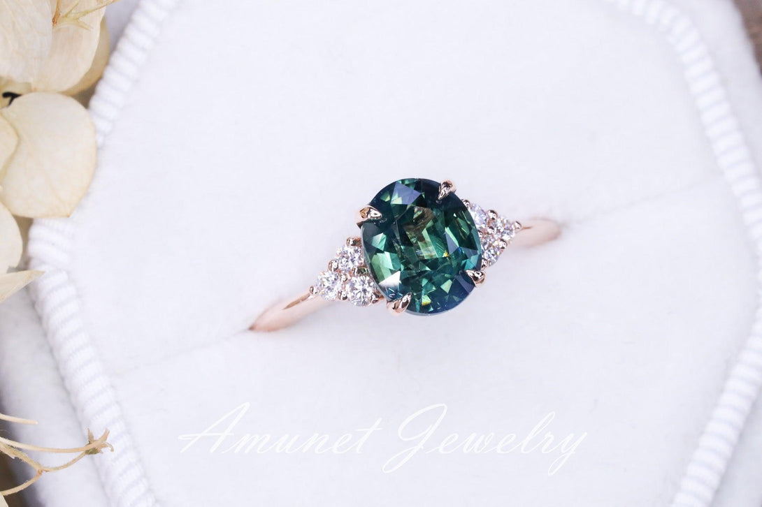 Teal sapphire ring,oval Madagascar sapphire ring,unheated sapphire,green blue sapphire cluster ring. - Amunet Jewelry