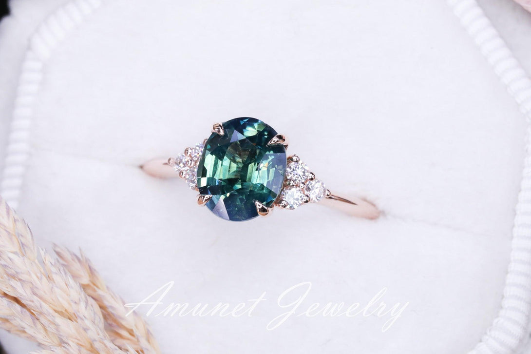 Teal sapphire ring,oval Madagascar sapphire ring,unheated sapphire,green blue sapphire cluster ring. - Amunet Jewelry