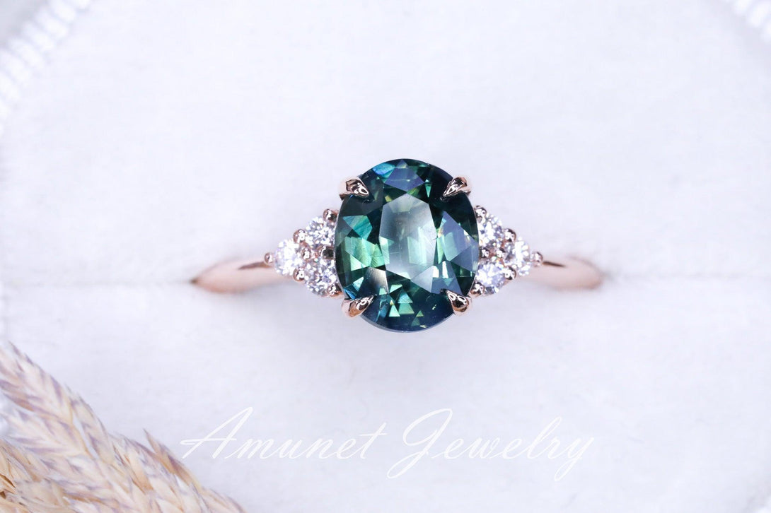 Teal sapphire ring,oval Madagascar sapphire ring,unheated sapphire,green blue sapphire cluster ring. - Amunet Jewelry