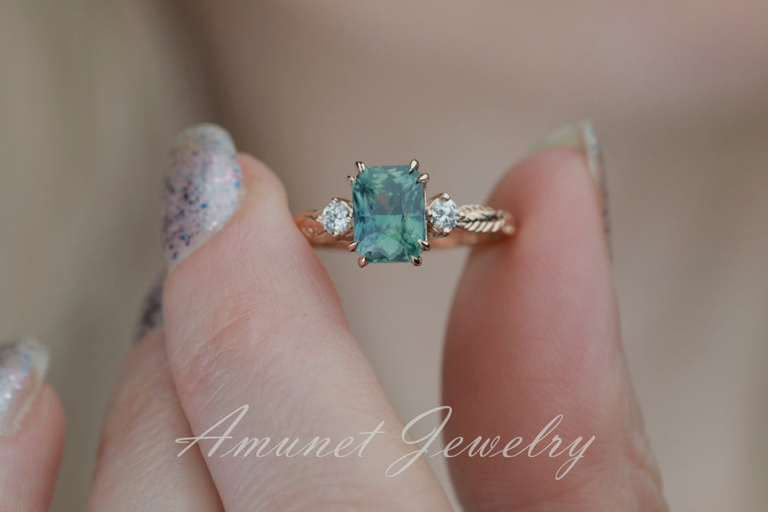 Teal Sapphire ring,blue green sapphire engagement ring, mermaid sapphire ring, unique ring, Madagascar sapphire ring. - Amunet Jewelry