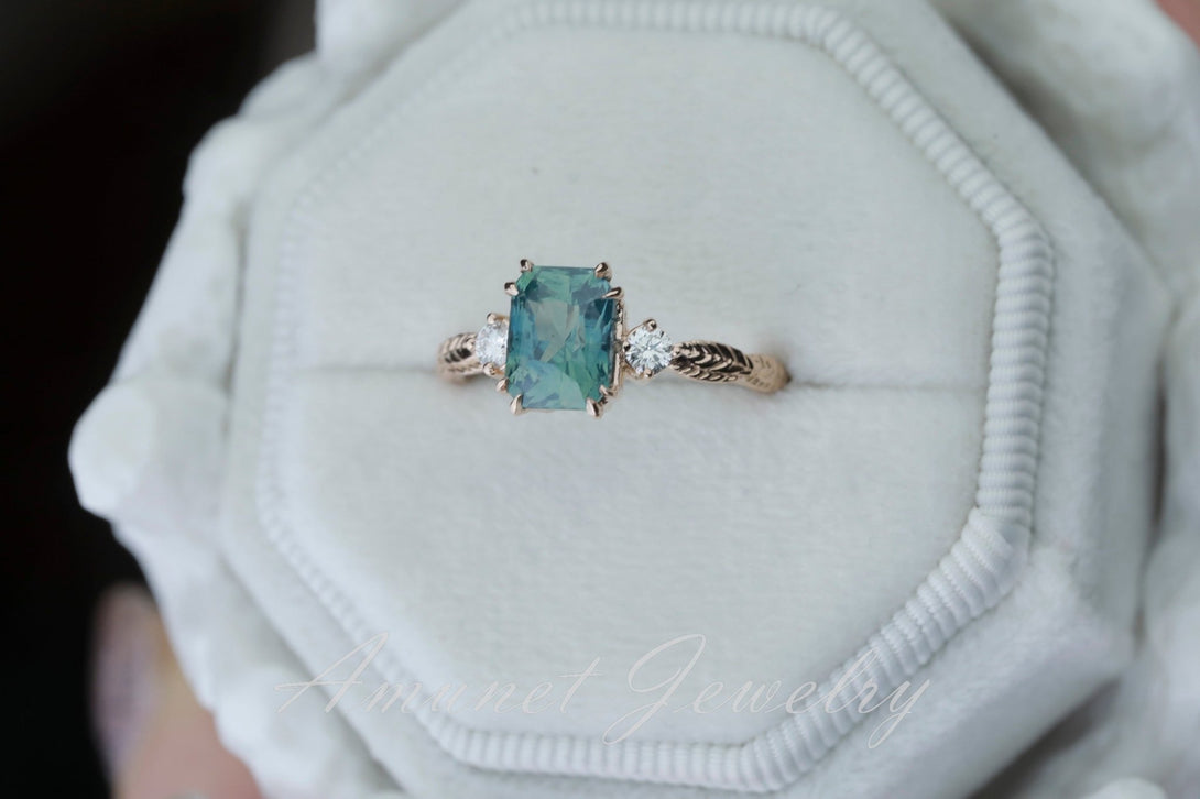 Teal Sapphire ring,blue green sapphire engagement ring, mermaid sapphire ring, unique ring, Madagascar sapphire ring. - Amunet Jewelry