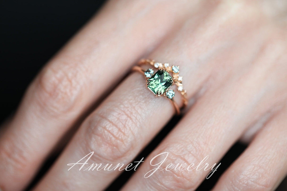 Cushion Teal Sapphire ring,engagement ring, green sapphire ring, unique ring, Madagascar sapphire ring. - Amunet Jewelry