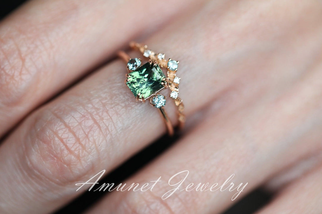 Cushion Teal Sapphire ring,engagement ring, green sapphire ring, unique ring, Madagascar sapphire ring. - Amunet Jewelry