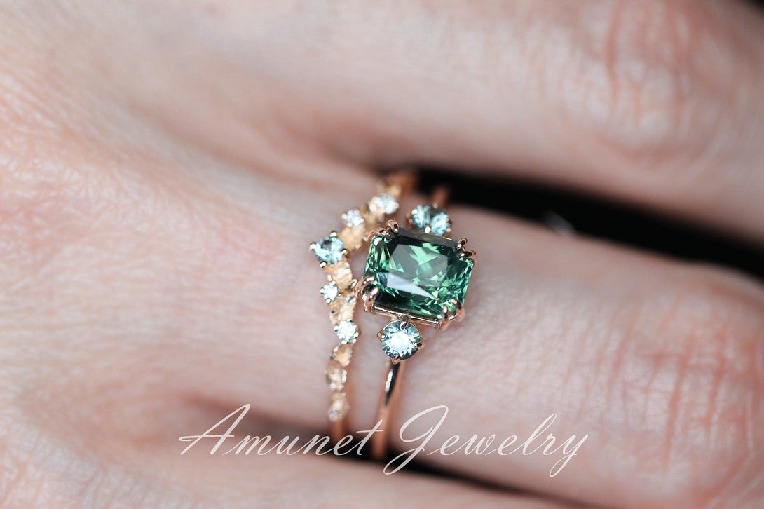 Cushion Teal Sapphire ring,engagement ring, green sapphire ring, unique ring, Madagascar sapphire ring. - Amunet Jewelry