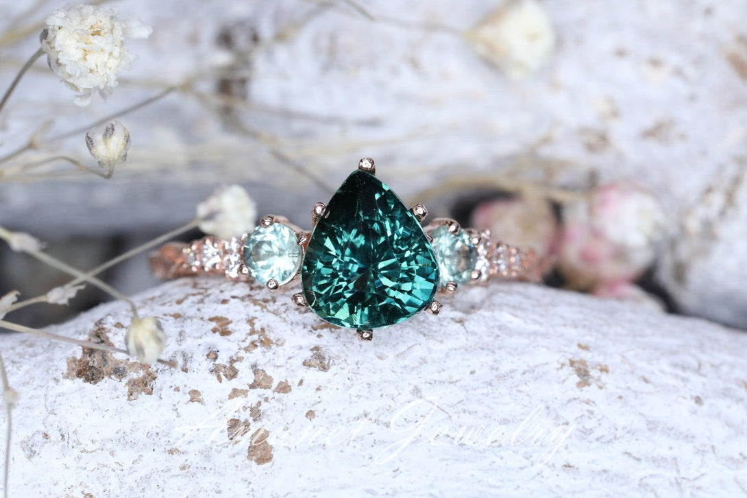 Teal green sapphire ring,Madagascar sapphire ring, pear sapphire ring, diamond ring, engagement ring - Amunet Jewelry