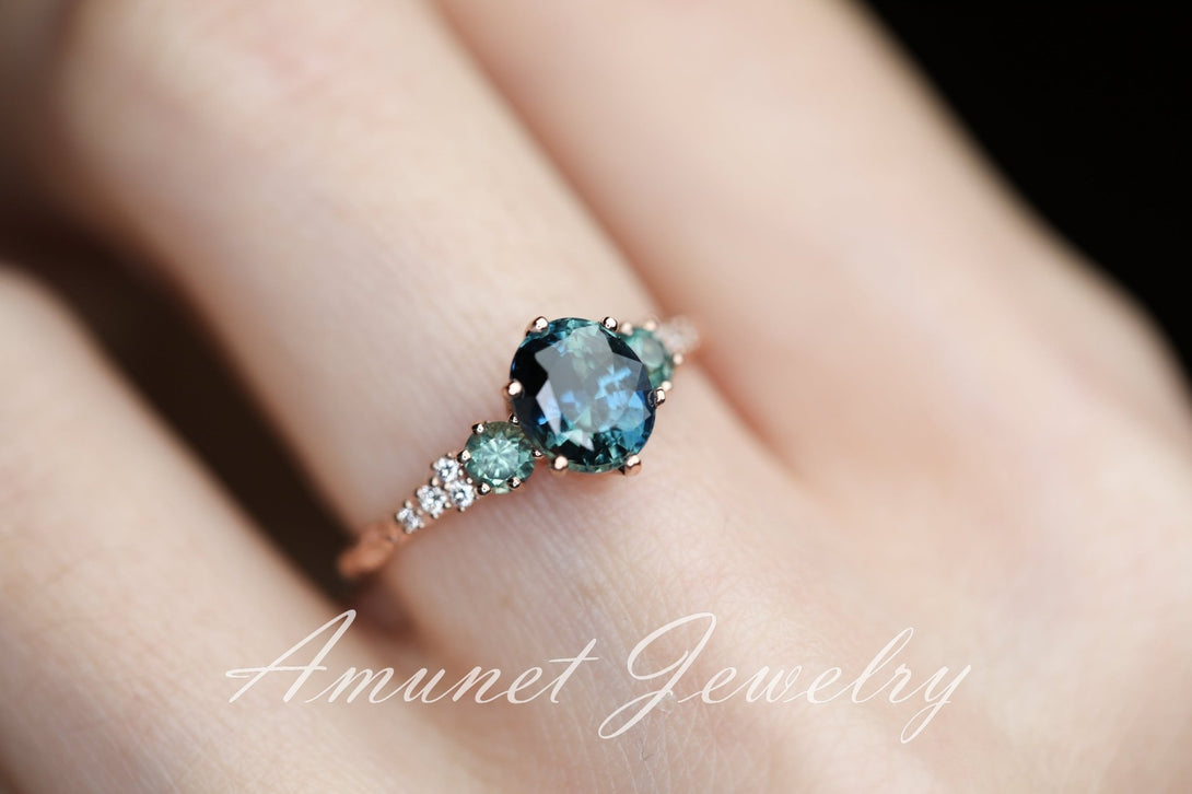 Peacock sapphire ring, green blue Madagascar sapphire ring, oval sapphire engagement ring, wedding ring, unique ring. - Amunet Jewelry