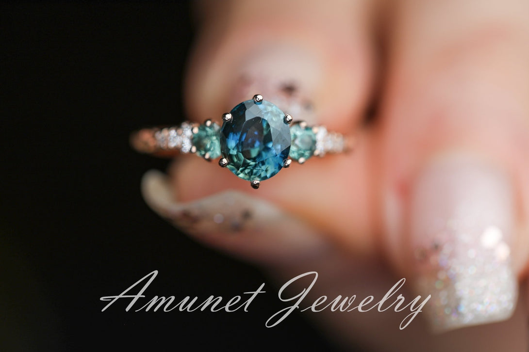 Peacock sapphire ring, green blue Madagascar sapphire ring, oval sapphire engagement ring, wedding ring, unique ring. - Amunet Jewelry