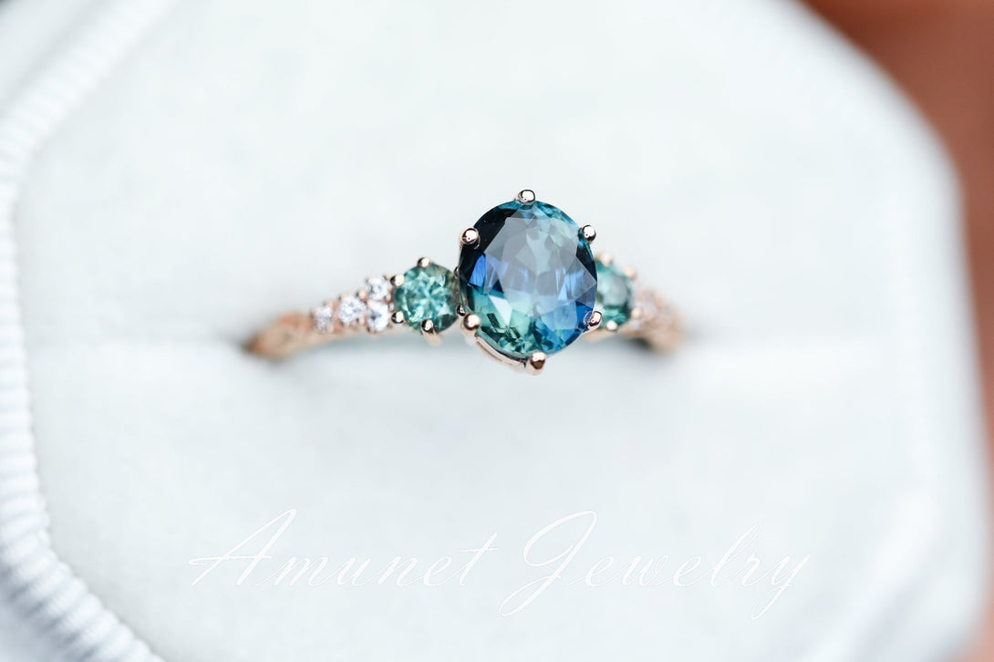 Peacock sapphire ring, green blue Madagascar sapphire ring, oval sapphire engagement ring, wedding ring, unique ring. - Amunet Jewelry