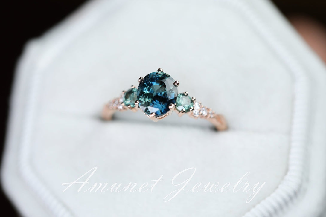 Peacock sapphire ring, green blue Madagascar sapphire ring, oval sapphire engagement ring, wedding ring, unique ring. - Amunet Jewelry