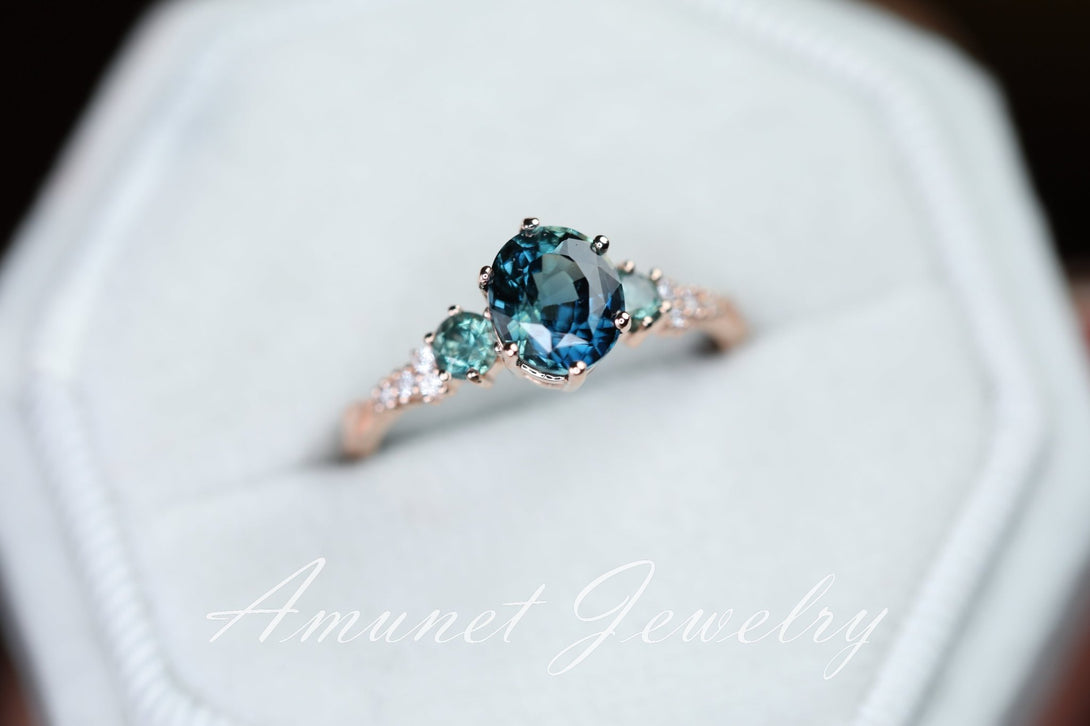 Peacock sapphire ring, green blue Madagascar sapphire ring, oval sapphire engagement ring, wedding ring, unique ring. - Amunet Jewelry