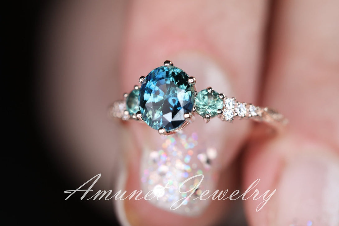 Peacock sapphire ring, green blue Madagascar sapphire ring, oval sapphire engagement ring, wedding ring, unique ring. - Amunet Jewelry