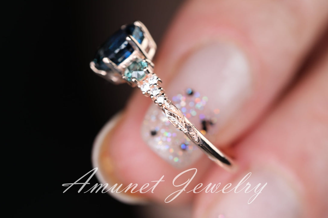 Peacock sapphire ring, green blue Madagascar sapphire ring, oval sapphire engagement ring, wedding ring, unique ring. - Amunet Jewelry