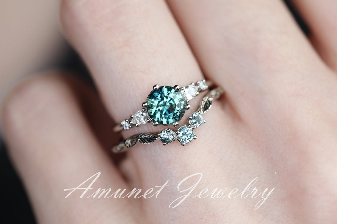 Teal Sapphire ring,sapphire engagement ring,peacock sapphire cluster ring,unique ring. - Amunet Jewelry