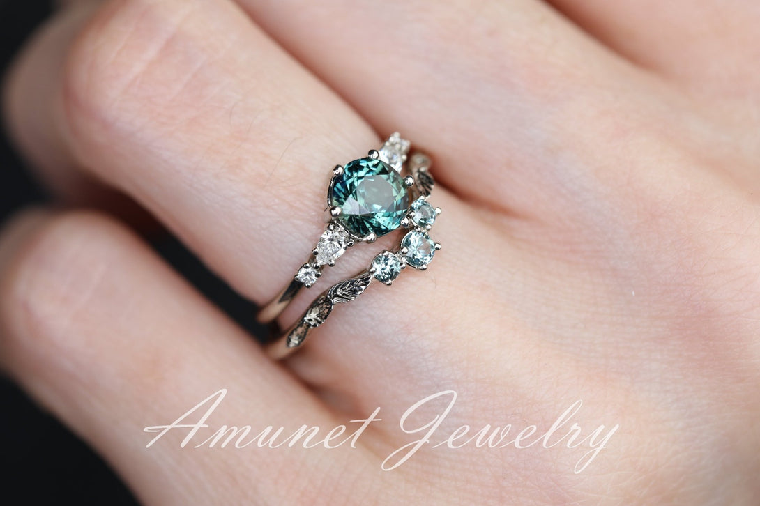 Teal Sapphire ring,sapphire engagement ring,peacock sapphire cluster ring,unique ring. - Amunet Jewelry