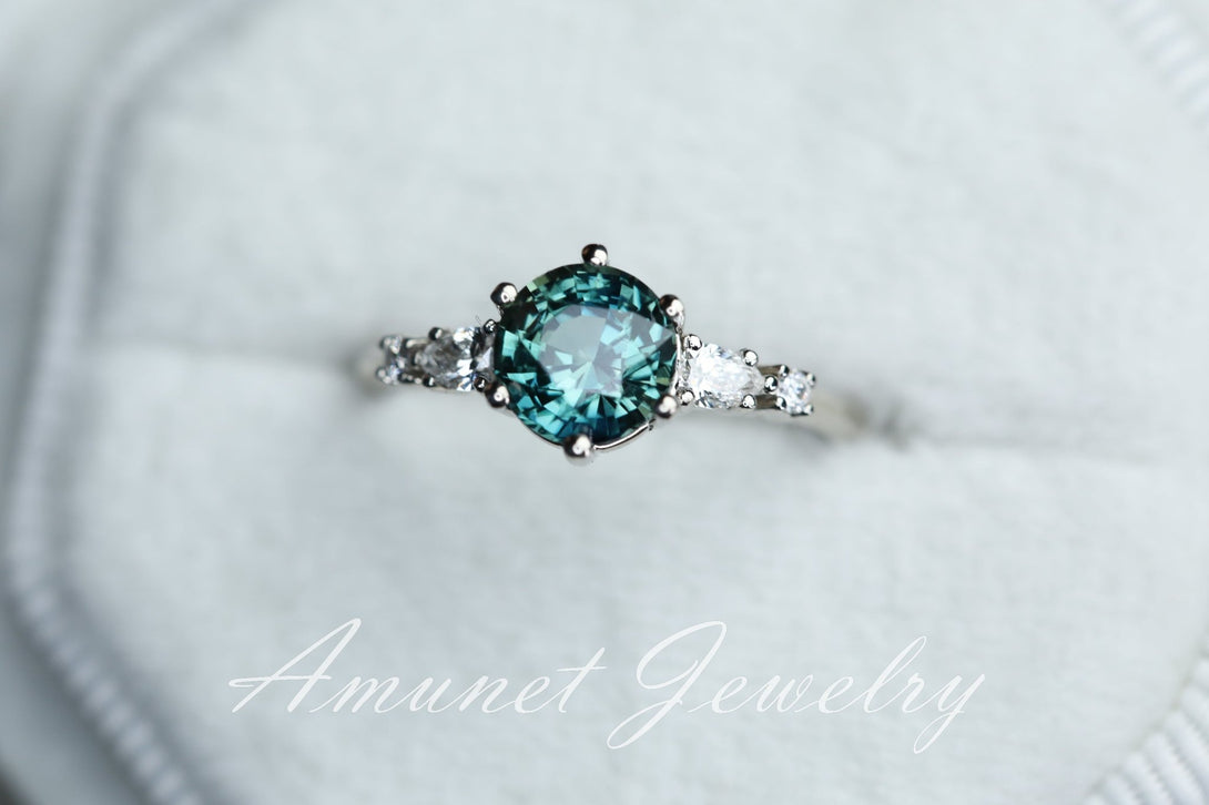 Teal Sapphire ring,sapphire engagement ring,peacock sapphire cluster ring,unique ring. - Amunet Jewelry