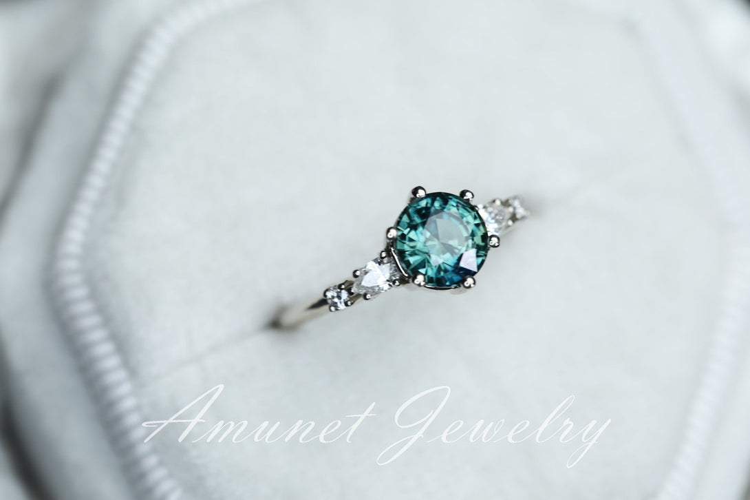 Teal Sapphire ring,sapphire engagement ring,peacock sapphire cluster ring,unique ring. - Amunet Jewelry