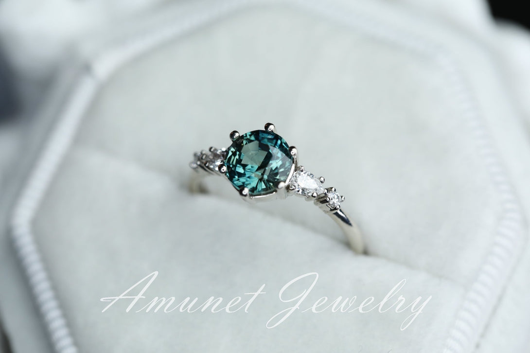 Teal Sapphire ring,sapphire engagement ring,peacock sapphire cluster ring,unique ring. - Amunet Jewelry