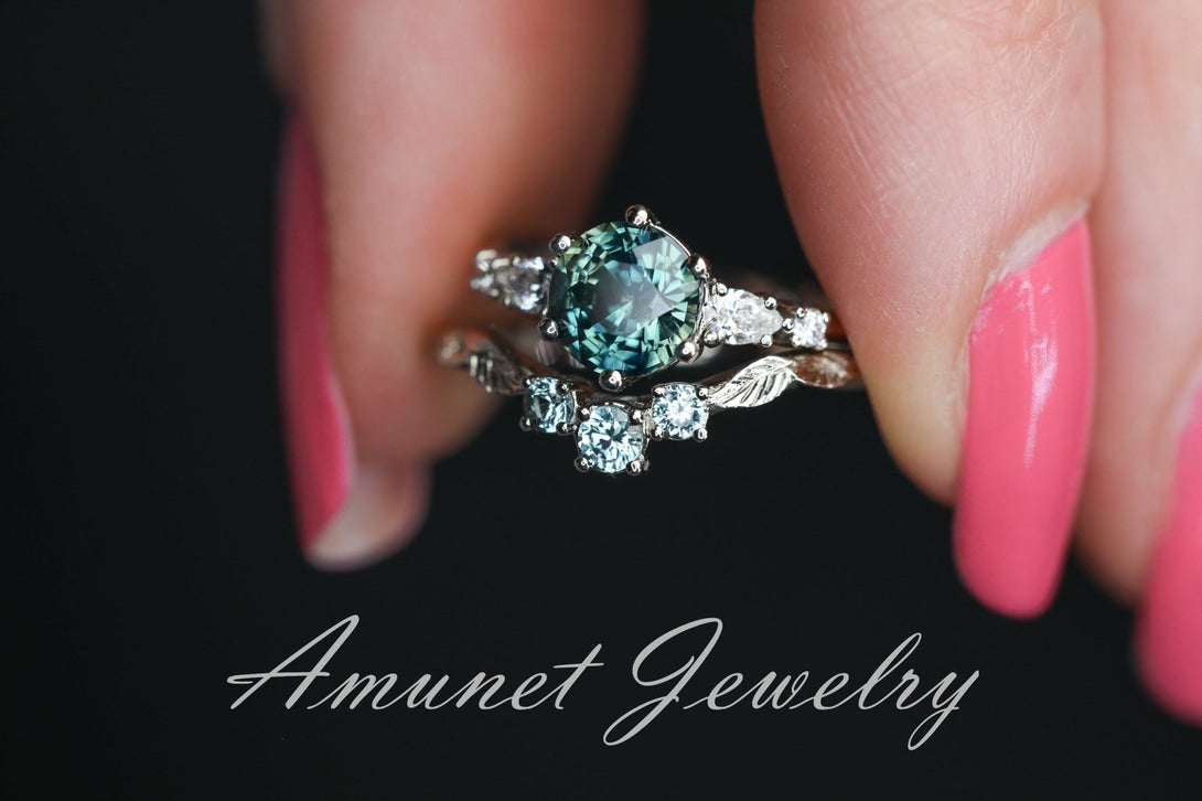 Teal Sapphire ring,sapphire engagement ring,peacock sapphire cluster ring,unique ring. - Amunet Jewelry