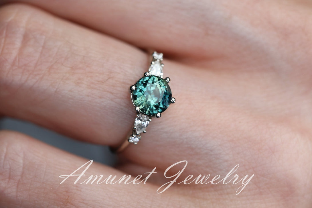 Teal Sapphire ring,sapphire engagement ring,peacock sapphire cluster ring,unique ring. - Amunet Jewelry