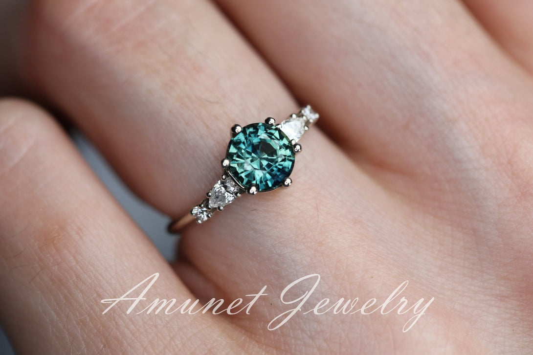 Teal Sapphire ring,sapphire engagement ring,peacock sapphire cluster ring,unique ring. - Amunet Jewelry