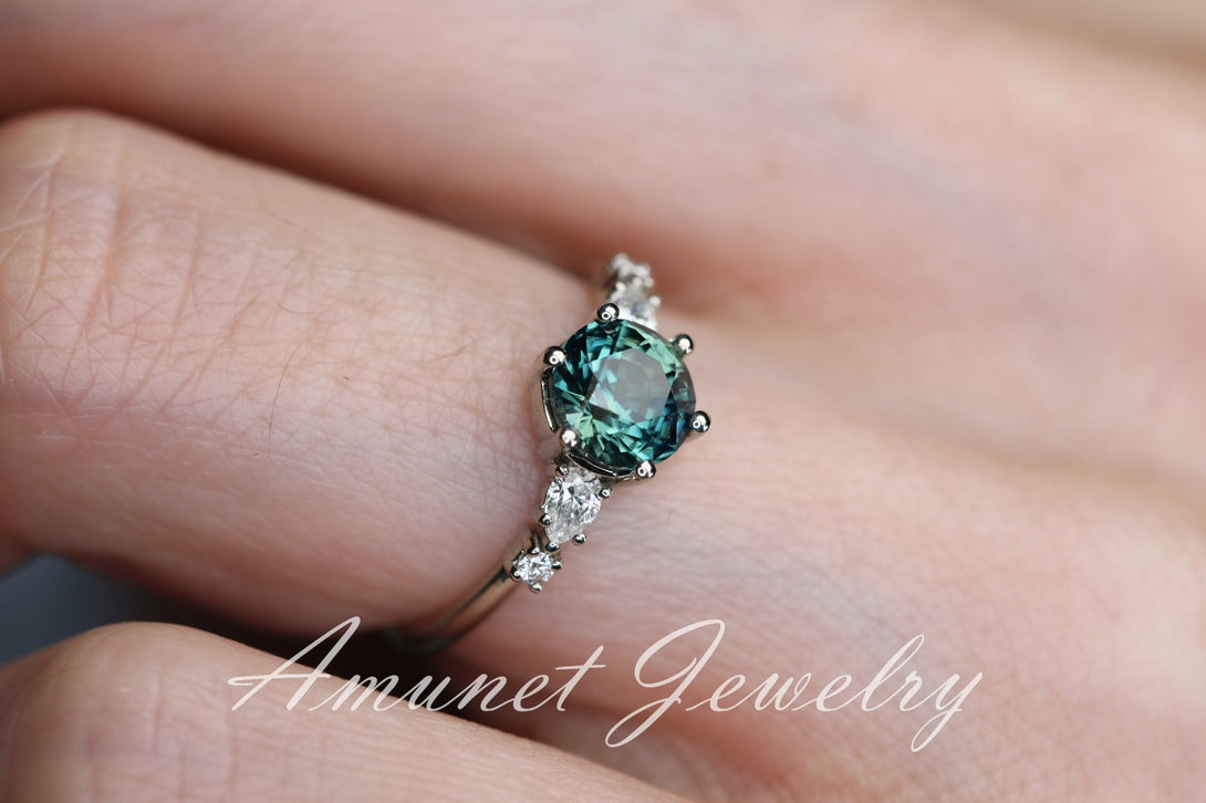 Teal Sapphire ring,sapphire engagement ring,peacock sapphire cluster ring,unique ring. - Amunet Jewelry