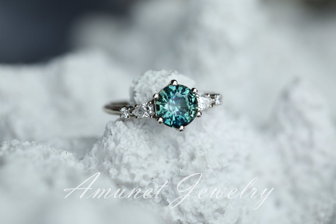 Teal Sapphire ring,sapphire engagement ring,peacock sapphire cluster ring,unique ring. - Amunet Jewelry