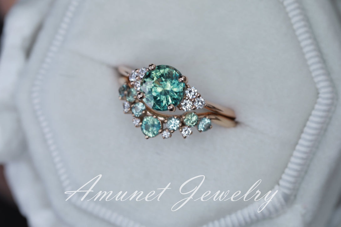 Teal sapphire ring,mermaid sapphire engagement ring, unheated sapphire cluster ring,wedding ring. - Amunet Jewelry