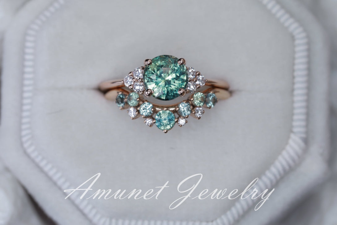 Teal sapphire ring,mermaid sapphire engagement ring, unheated sapphire cluster ring,wedding ring. - Amunet Jewelry