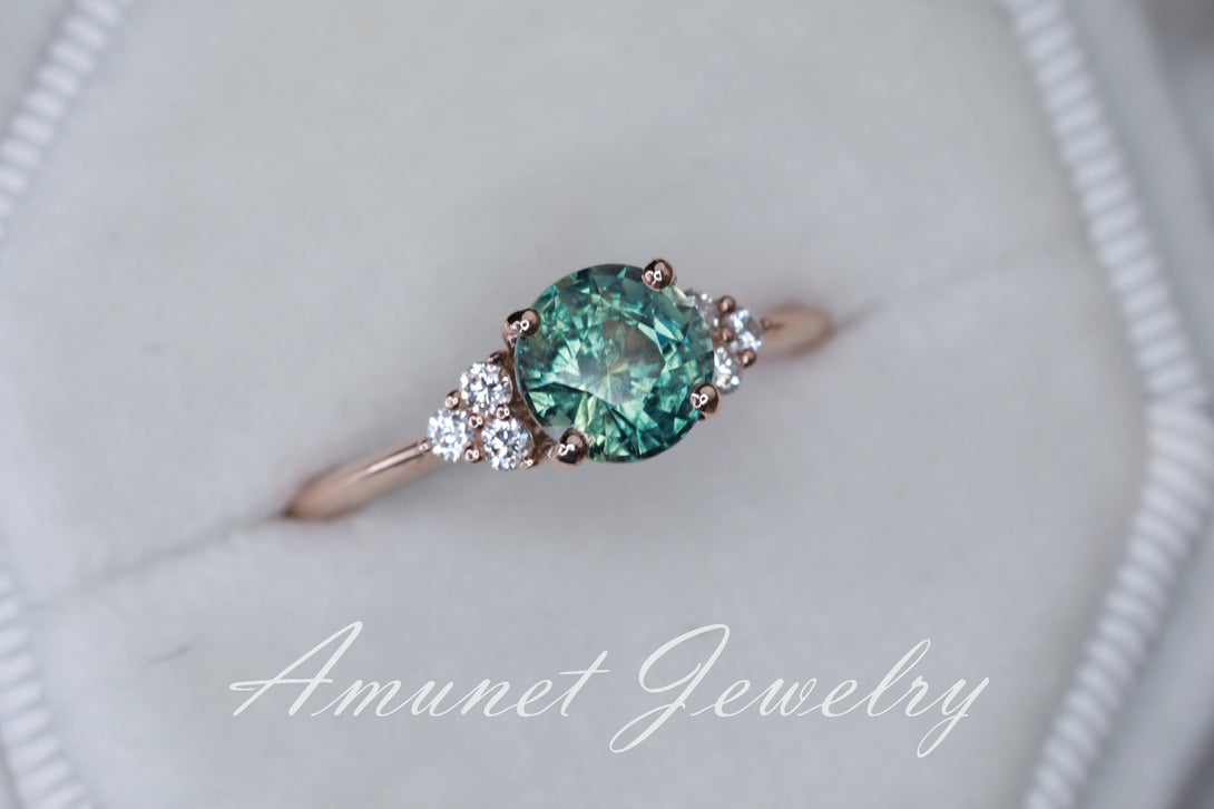 Teal sapphire ring,mermaid sapphire engagement ring, unheated sapphire cluster ring,wedding ring. - Amunet Jewelry