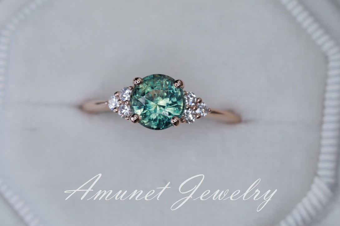 Teal sapphire ring,mermaid sapphire engagement ring, unheated sapphire cluster ring,wedding ring. - Amunet Jewelry