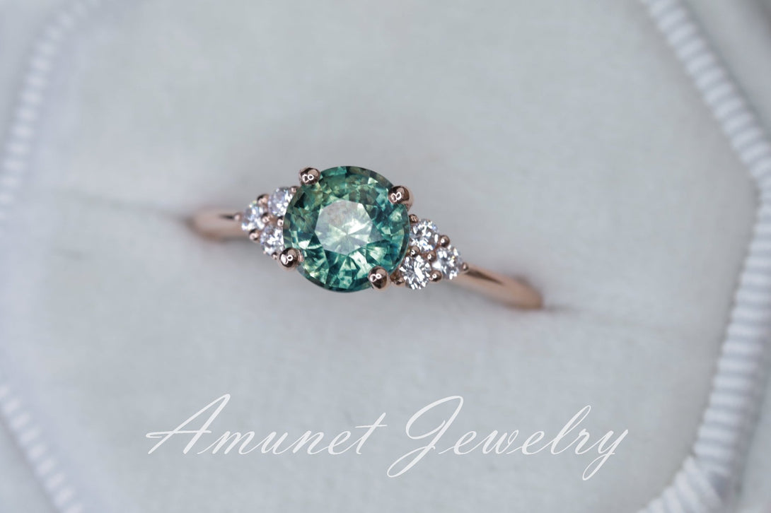 Teal sapphire ring,mermaid sapphire engagement ring, unheated sapphire cluster ring,wedding ring. - Amunet Jewelry