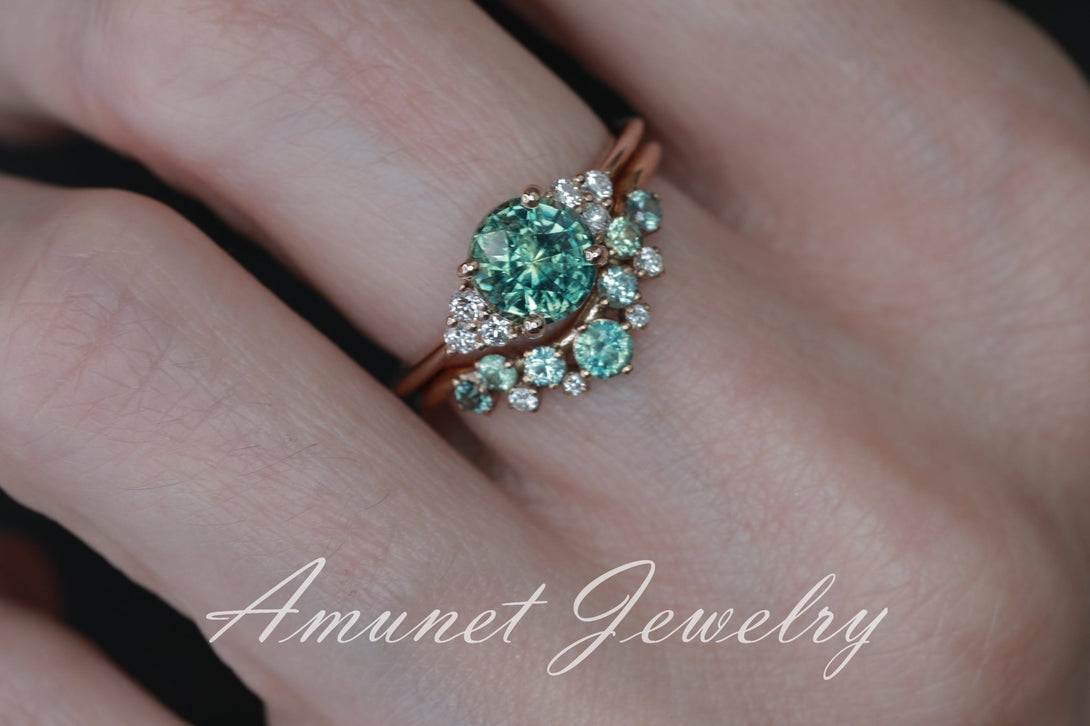 Teal sapphire ring,mermaid sapphire engagement ring, unheated sapphire cluster ring,wedding ring. - Amunet Jewelry