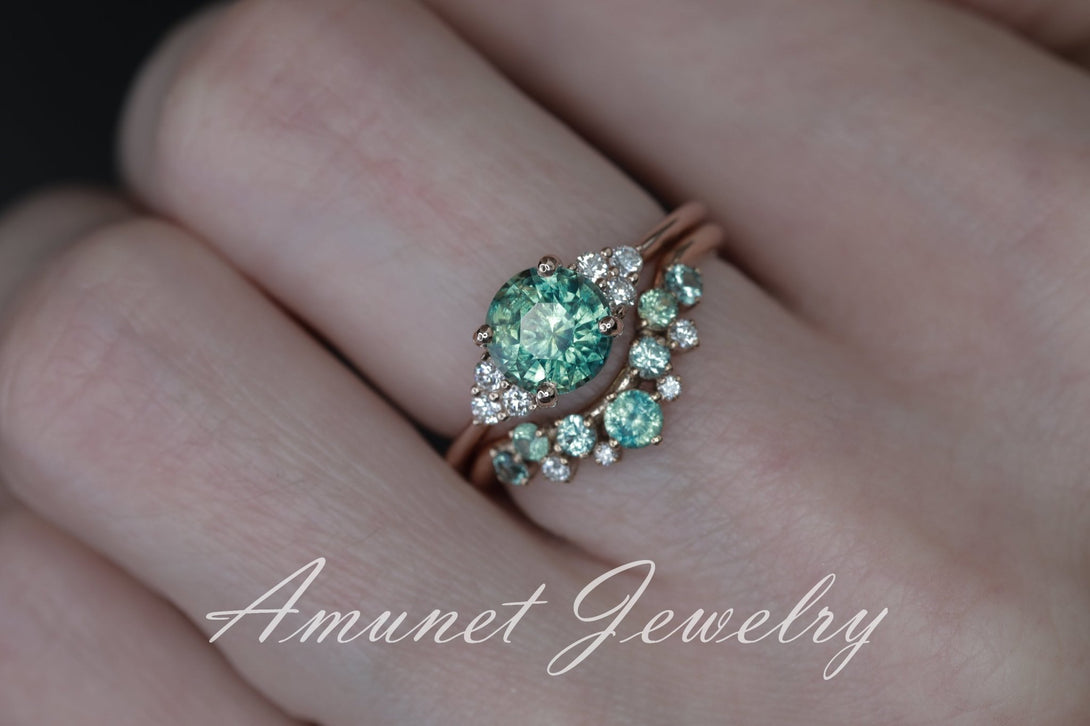 Teal sapphire ring,mermaid sapphire engagement ring, unheated sapphire cluster ring,wedding ring. - Amunet Jewelry