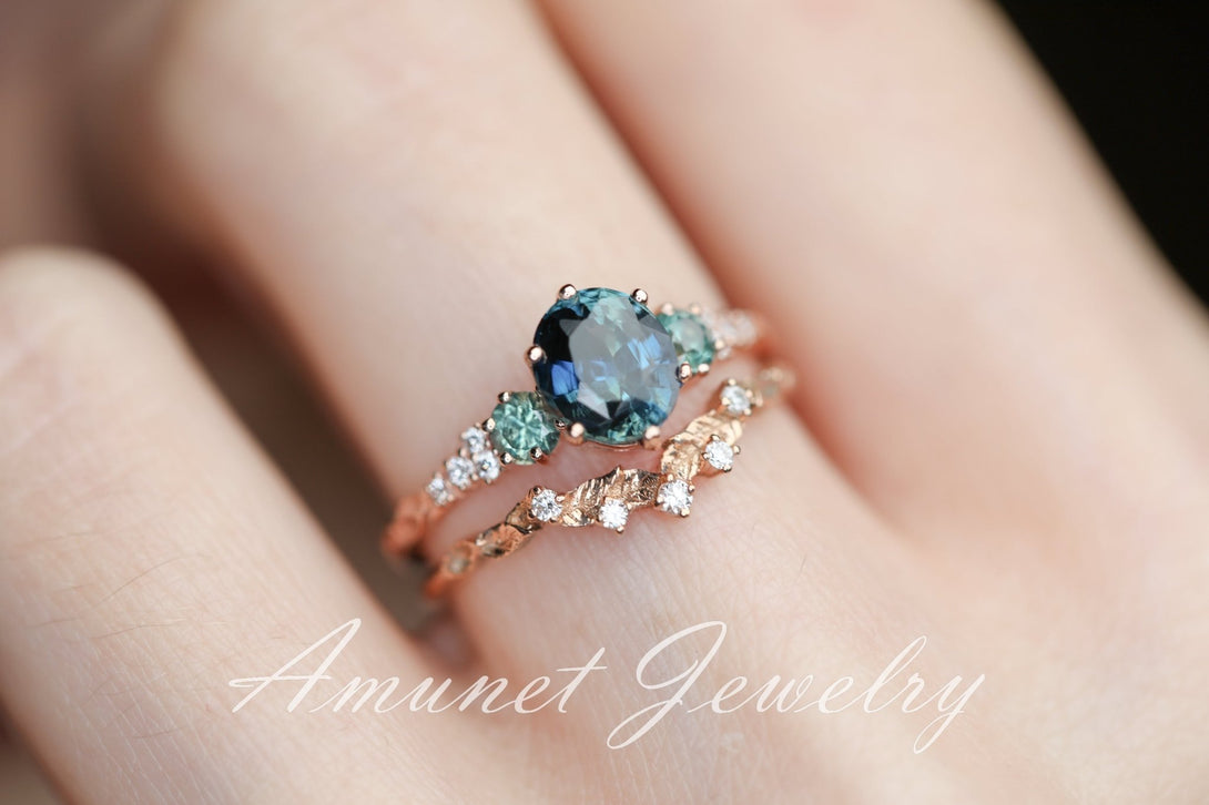 Peacock sapphire ring, green blue Madagascar sapphire ring, oval sapphire engagement ring, wedding ring, unique ring. - Amunet Jewelry