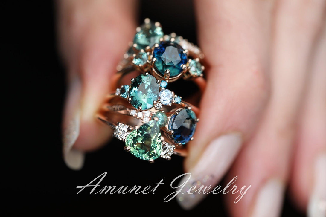 Sapphire ring, blue green sapphire ring, three stones ring with montana sapphires on either side, peacock sapphire engagement ring. - Amunet Jewelry