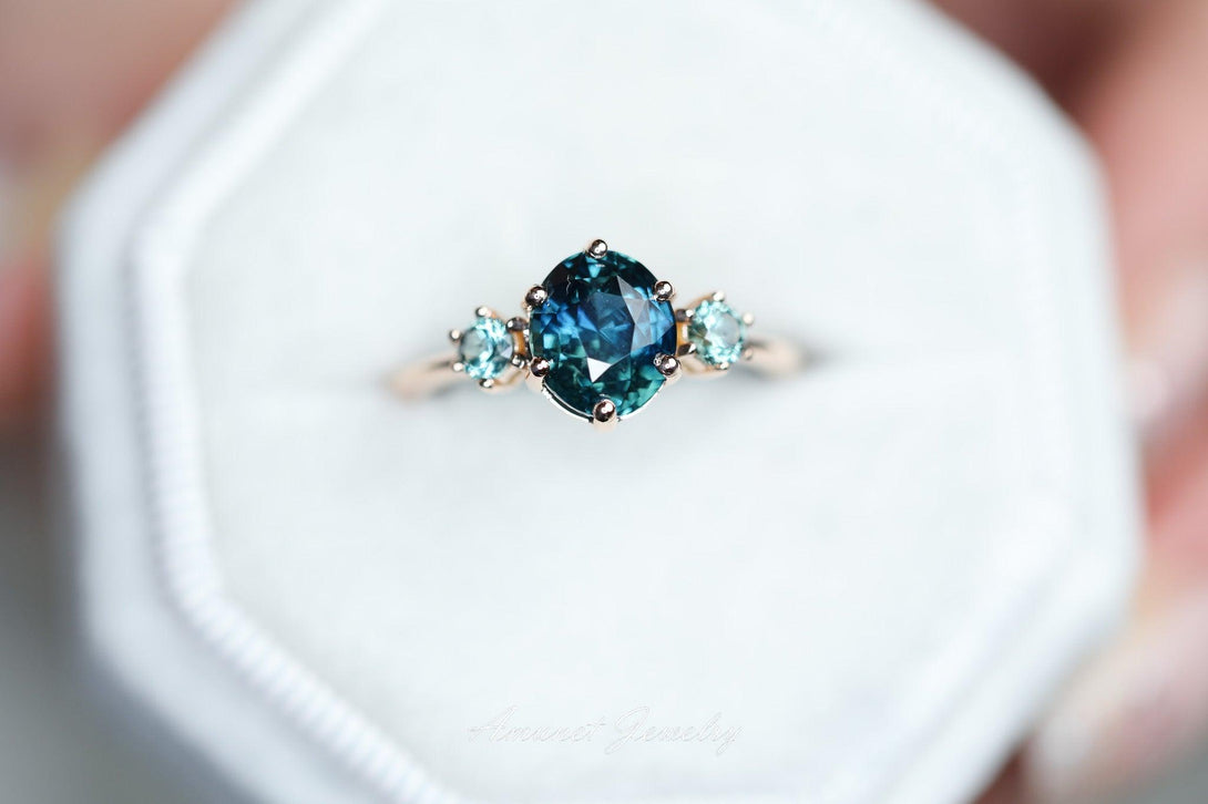 Sapphire ring, blue green sapphire ring, three stones ring with montana sapphires on either side, peacock sapphire engagement ring. - Amunet Jewelry