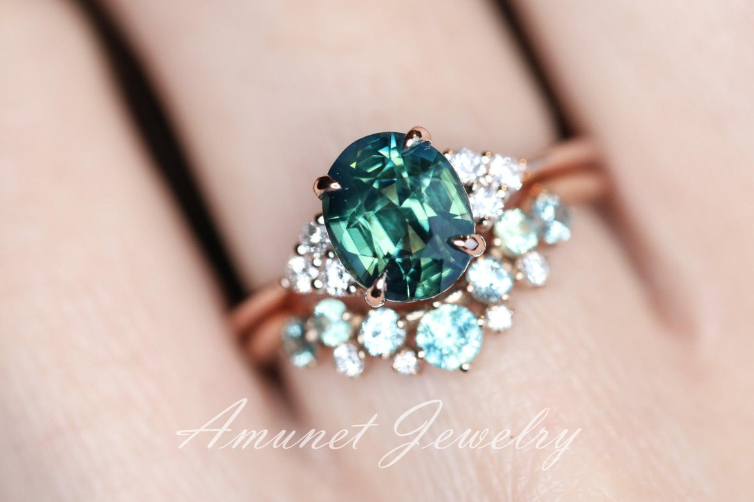 Teal sapphire ring,oval Madagascar sapphire ring,unheated sapphire,green blue sapphire cluster ring. - Amunet Jewelry