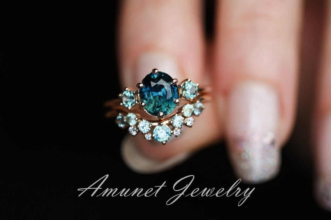 Sapphire ring, blue green sapphire ring, three stones ring with montana sapphires on either side, peacock sapphire engagement ring. - Amunet Jewelry