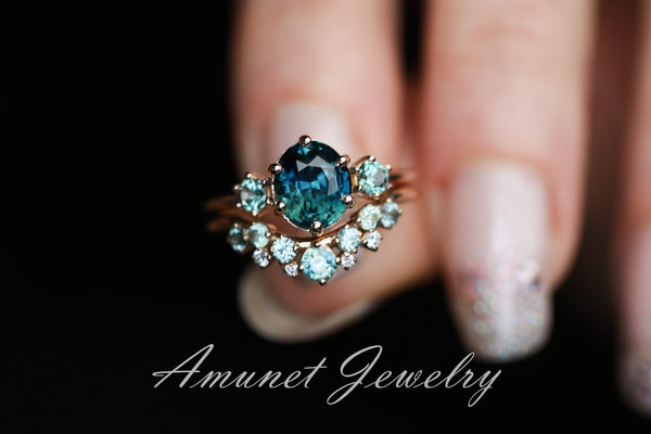 Sapphire ring, blue green sapphire ring, three stones ring with montana sapphires on either side, peacock sapphire engagement ring. - Amunet Jewelry