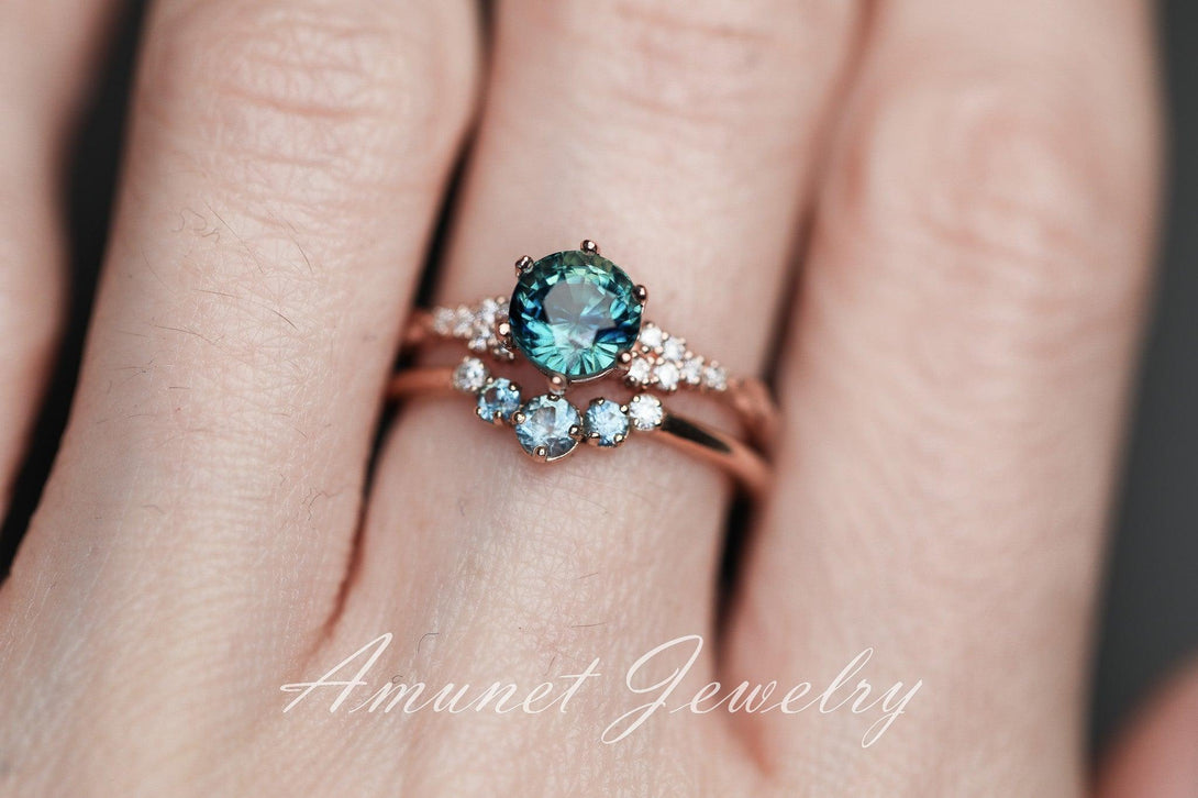 Teal Sapphire ring,sapphire engagement ring,peacock sapphire cluster ring,unique ring. - Amunet Jewelry