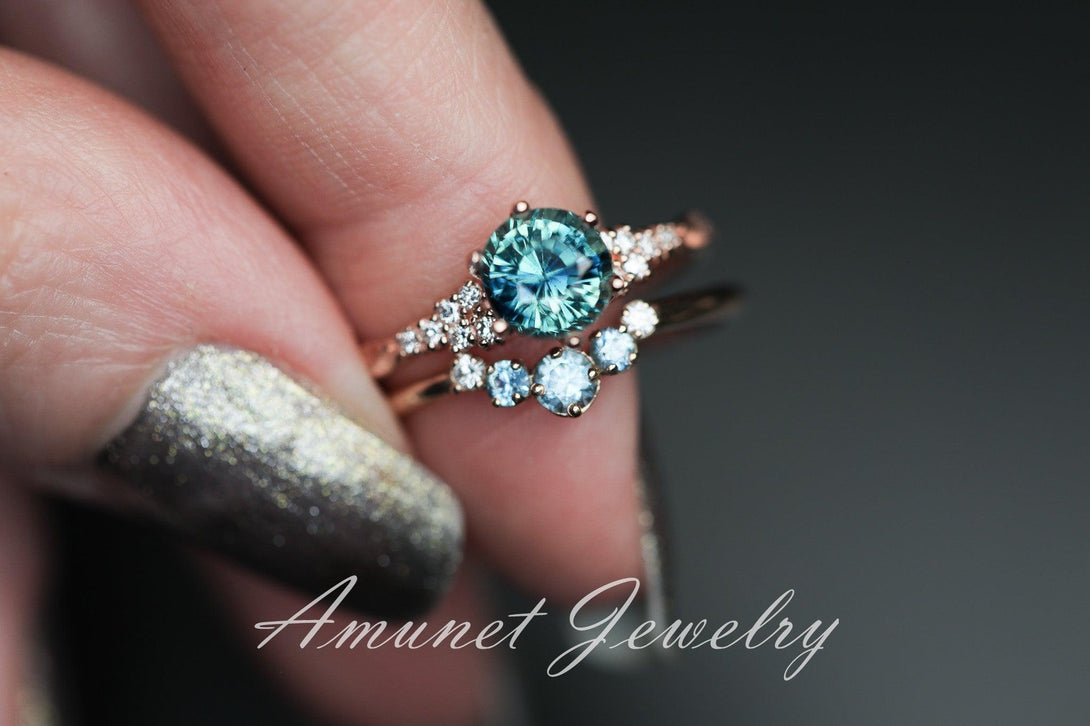 Teal Sapphire ring,sapphire engagement ring,peacock sapphire cluster ring,unique ring. - Amunet Jewelry