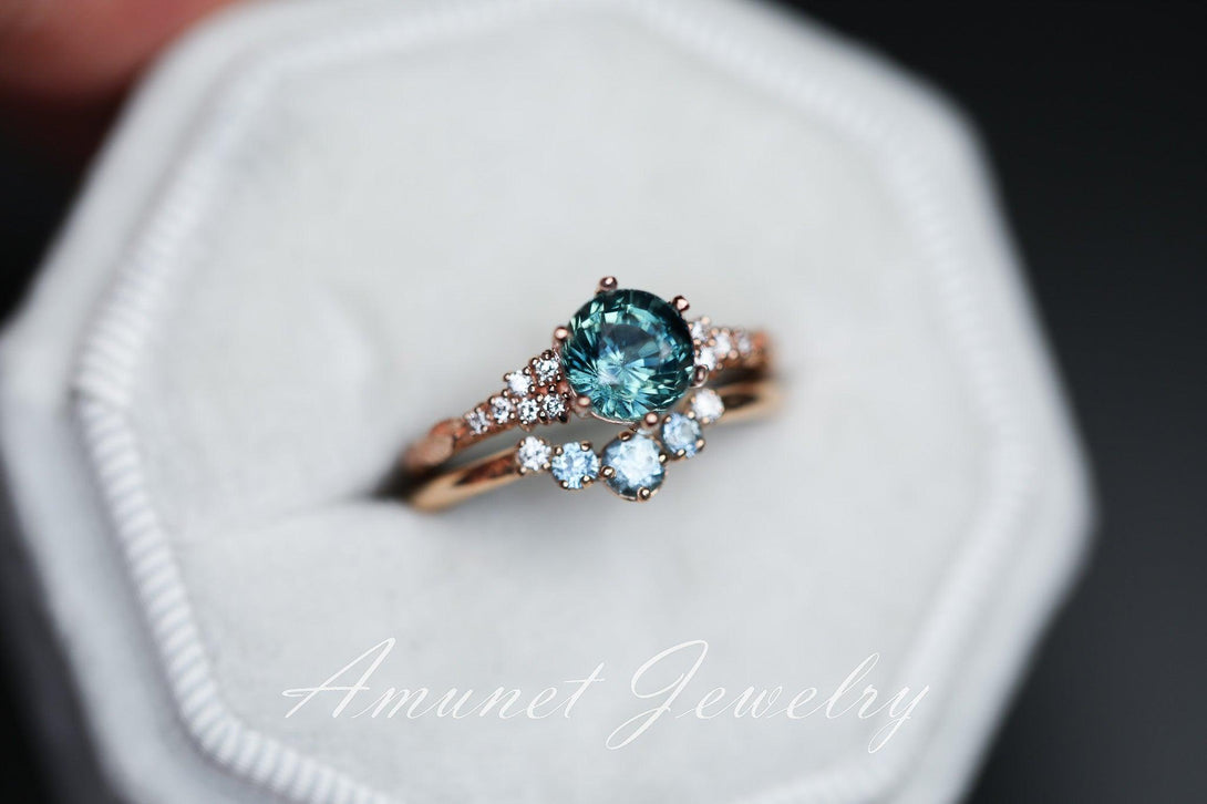 Teal Sapphire ring,sapphire engagement ring,peacock sapphire cluster ring,unique ring. - Amunet Jewelry