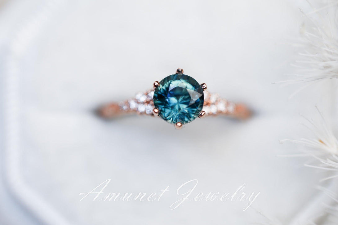 Teal Sapphire ring,sapphire engagement ring,peacock sapphire cluster ring,unique ring. - Amunet Jewelry