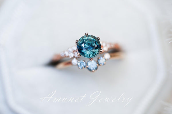 Teal Sapphire ring,sapphire engagement ring,peacock sapphire cluster ring,unique ring. - Amunet Jewelry