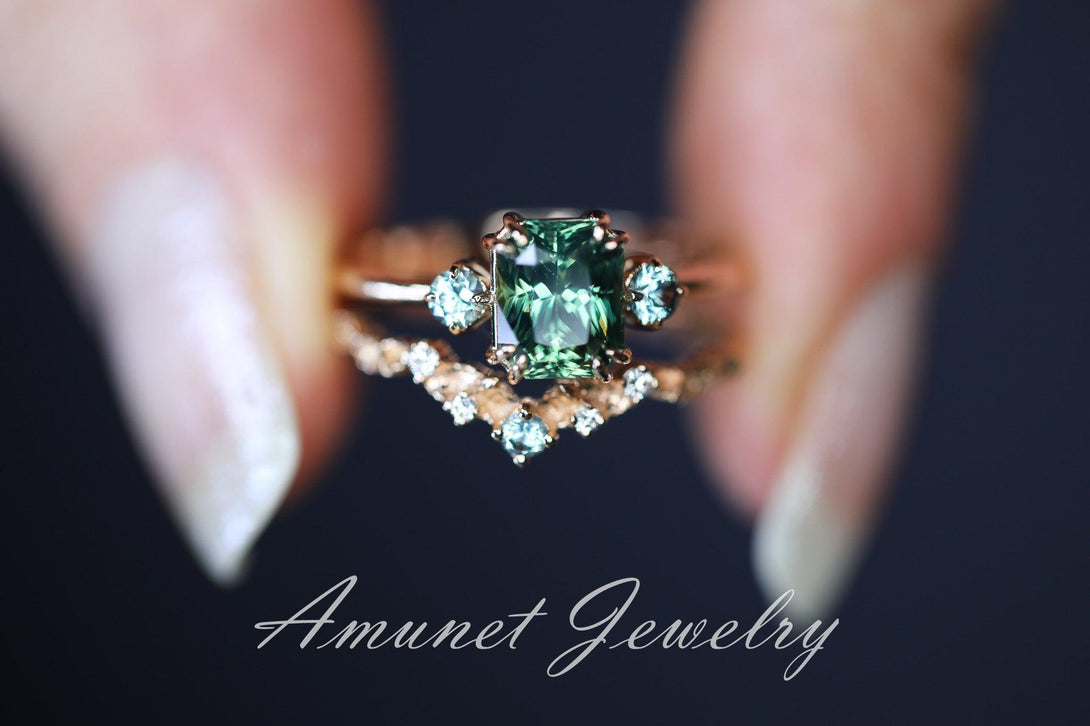 Cushion Teal Sapphire ring,engagement ring, green sapphire ring, unique ring, Madagascar sapphire ring. - Amunet Jewelry